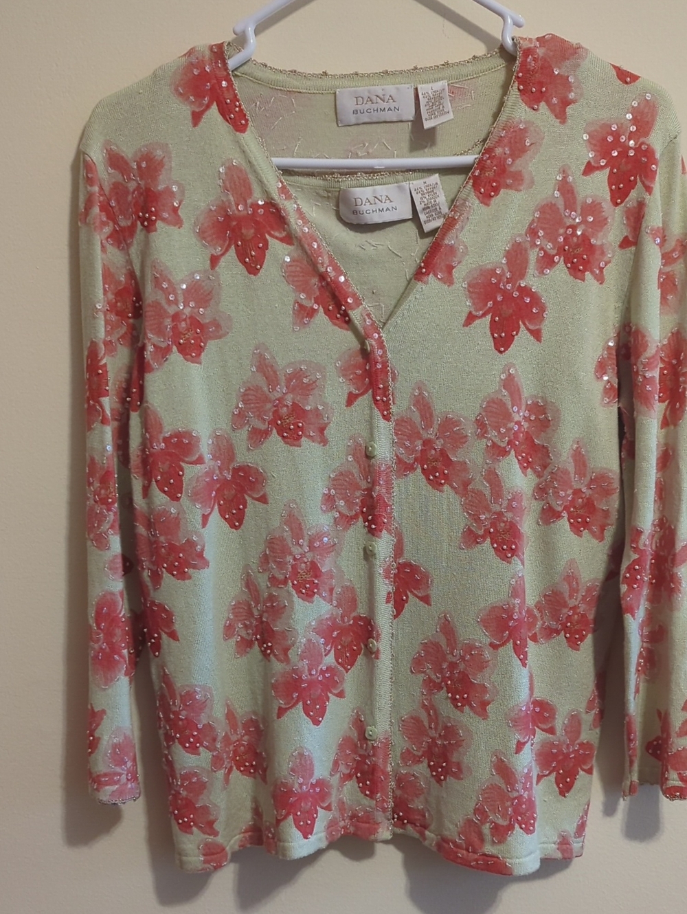 Dana Buchman Mint Cardigan with Coral Floral Sequins Linen Blend Sweater Set M/L